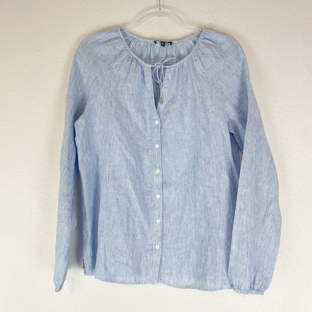 NYDJ Top Womens XS 100% Linen Striped Coastal Beachy Relaxed Tie Neck Blouse